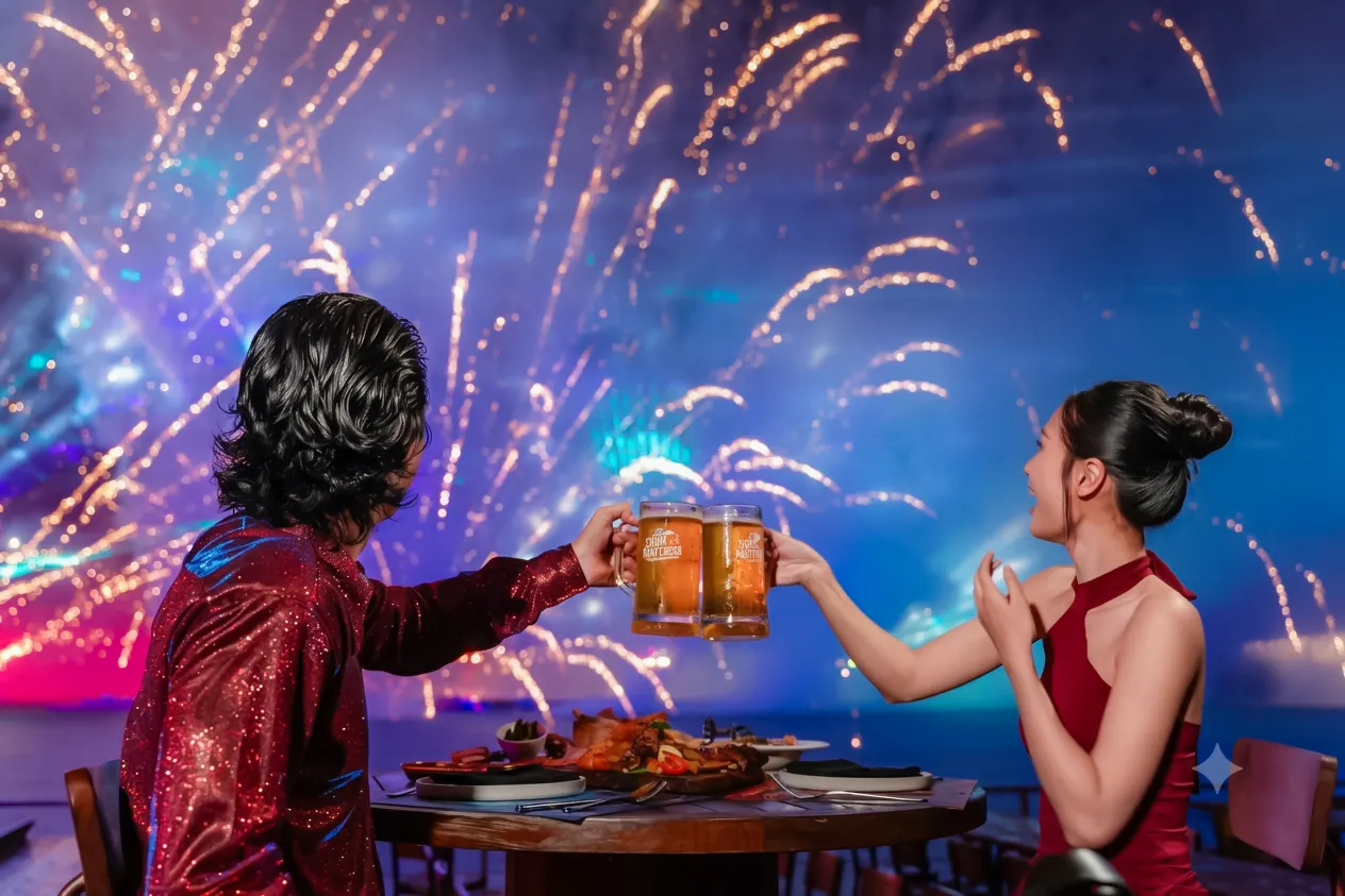 Couple enjoying dinner with fireworks on Paradise Pearl Island, Phu Quoc.