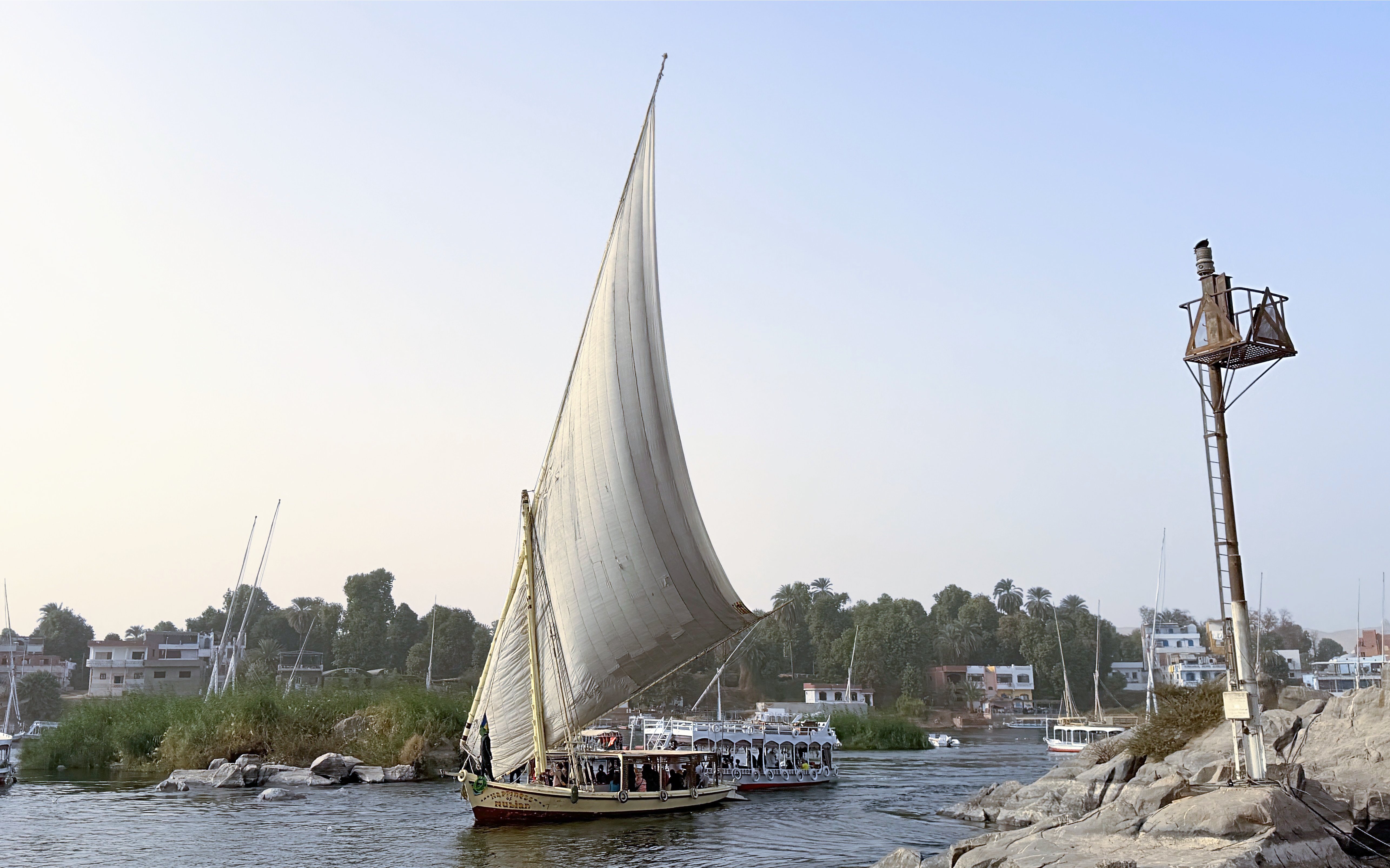 Felucca sailing on the Nile River near Cairo with buildings and greenery in the background.