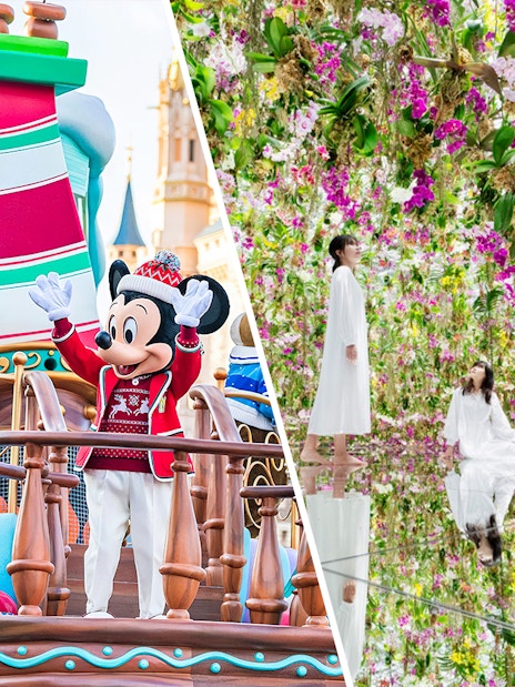 Mickey and Minnie Mouse on a festive float at Disneyworld parade.