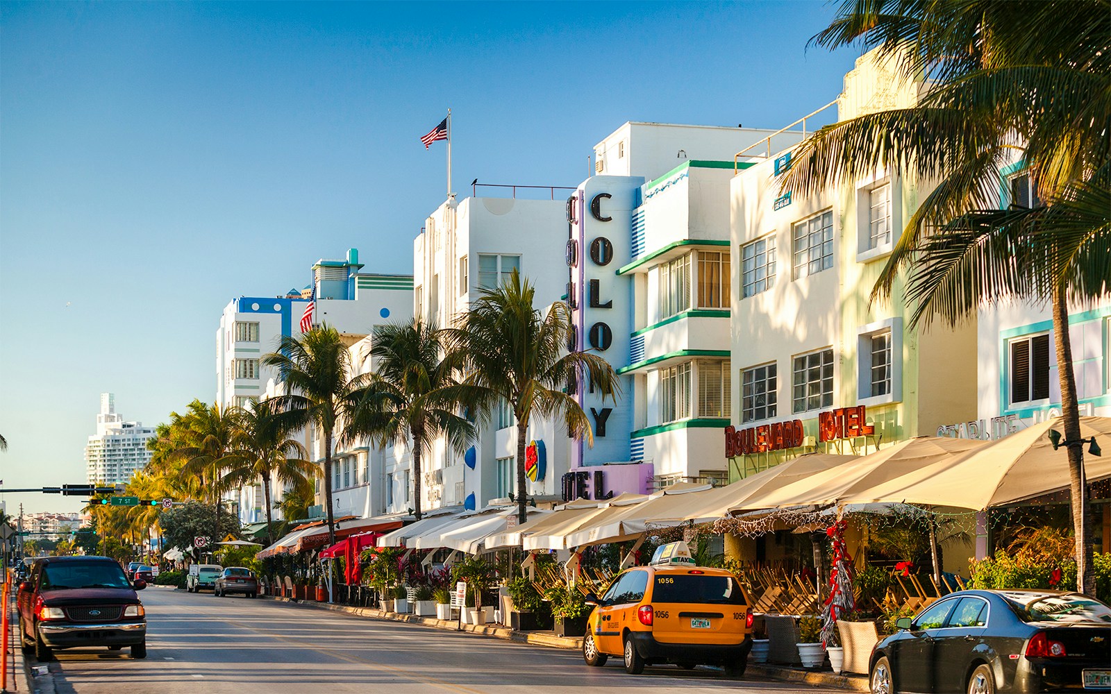 Art Deco buildings along Ocean Drive, South Beach, Miami Beach.