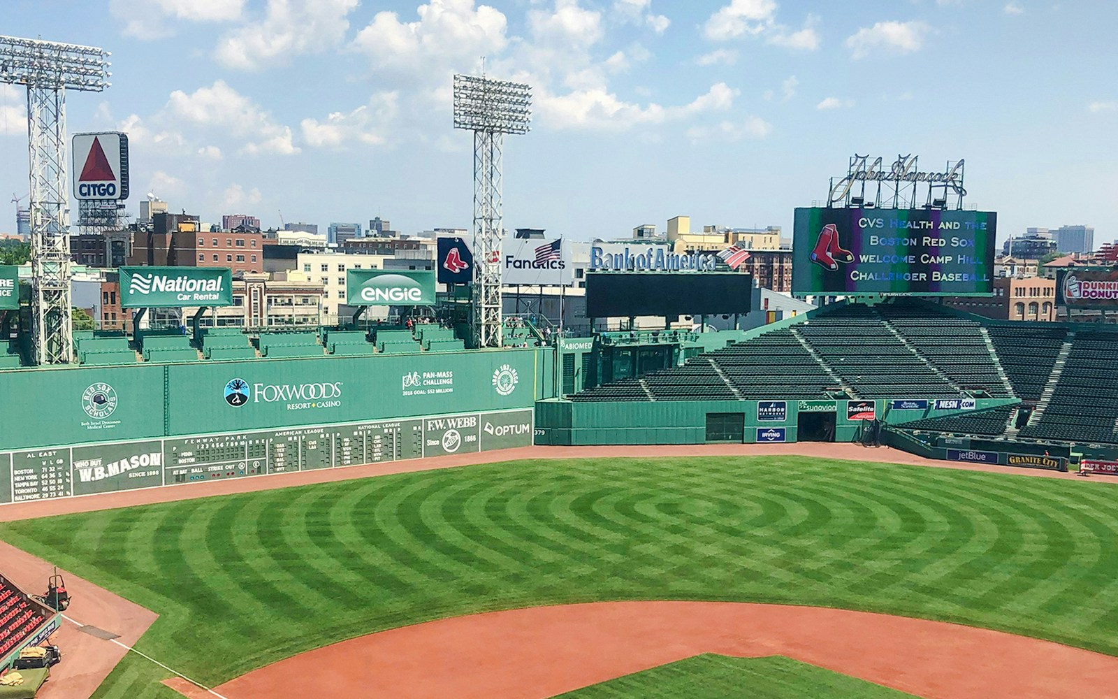 Fenway Park baseball field with scoreboard and stands, Boston, United States.