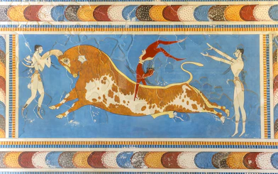 Bull-leaping fresco with two women and a man at Knossos Palace, Crete.