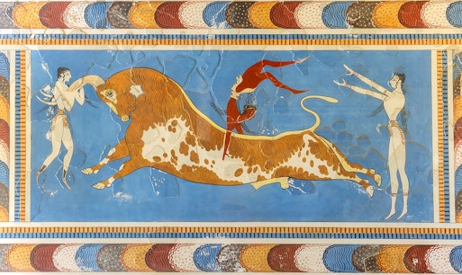 Bull-leaping fresco with two women and a man at Knossos Palace, Crete.