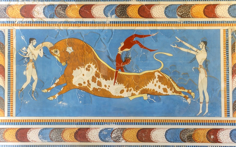 Bull-leaping fresco with two women and a man at Knossos Palace, Crete.