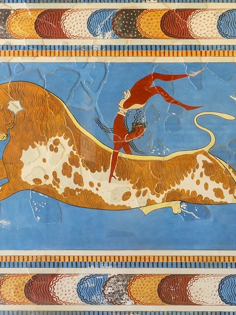 Bull-leaping fresco with two women and a man at Knossos Palace, Crete.