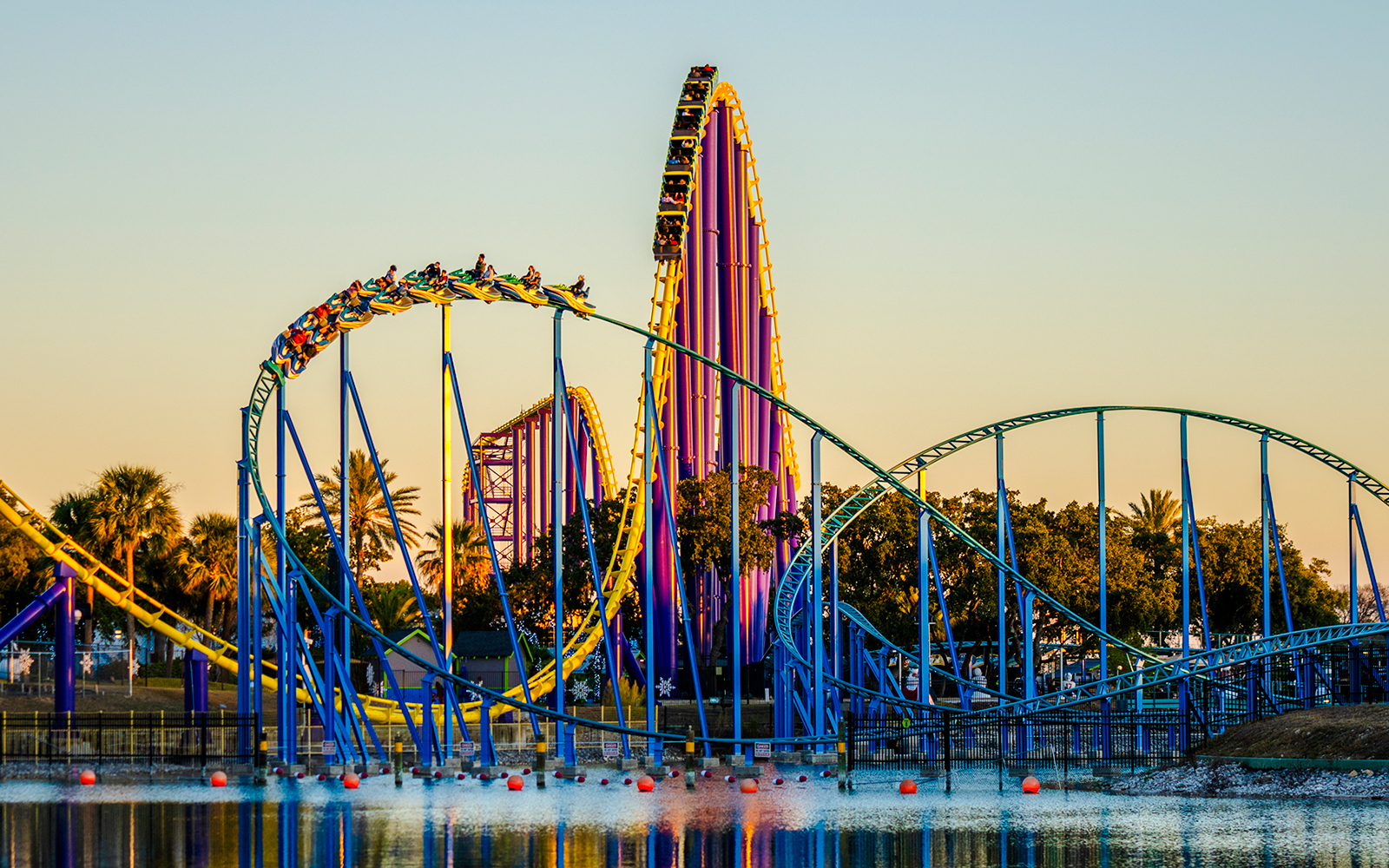 Steel Eel Hypercoaster at SeaWorld San Antonio with riders on a steep drop.