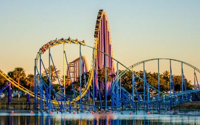 Steel Eel Hypercoaster at SeaWorld San Antonio with riders on a steep drop.