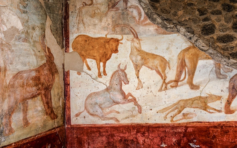 Ancient fresco of animals on a wall in Pompeii, Italy.