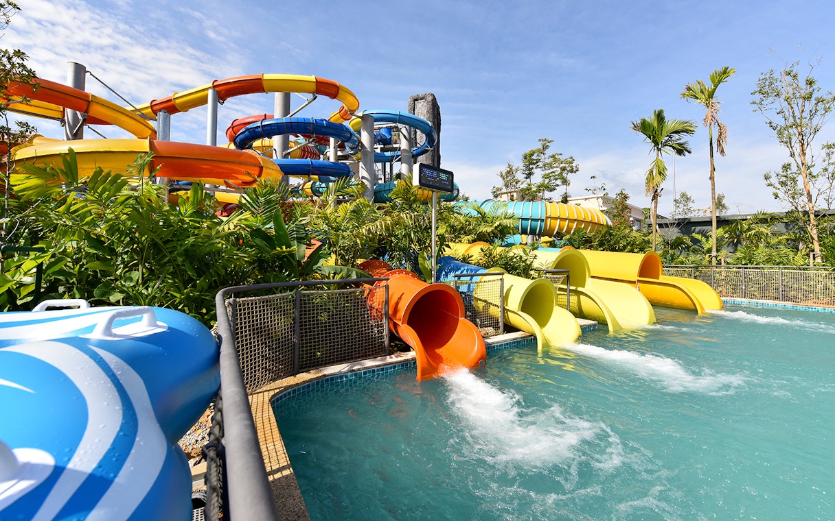 Colorful water slides at SplashMania Waterpark, Gamuda Cove, Selangor.
