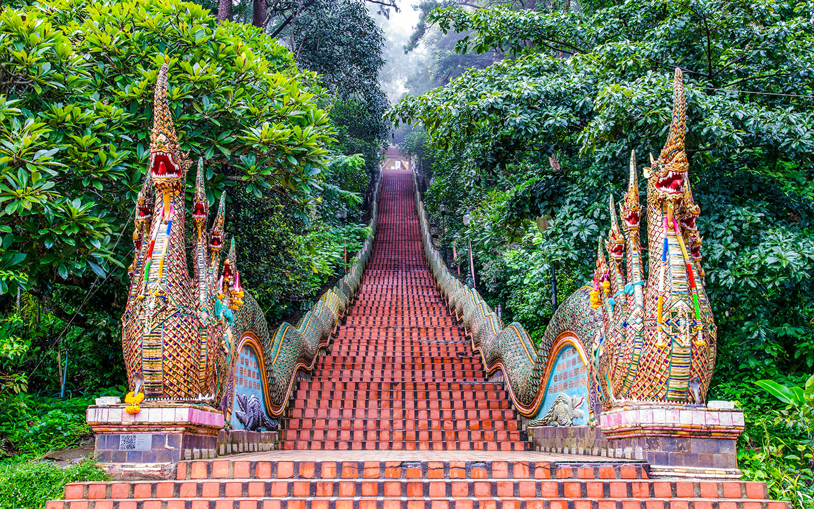 Naga-flanked staircase ascending to Wat Phra That Doi Suthep, Chiang Mai, Thailand.