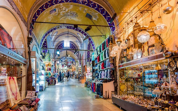 Grand Bazaar interior with shops and visitors, Istanbul Highlights Tour.