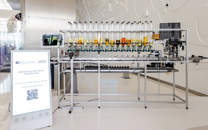 Algorithmic perfumery exhibit at Museum of the Future, Dubai, showcasing scent creation technology.