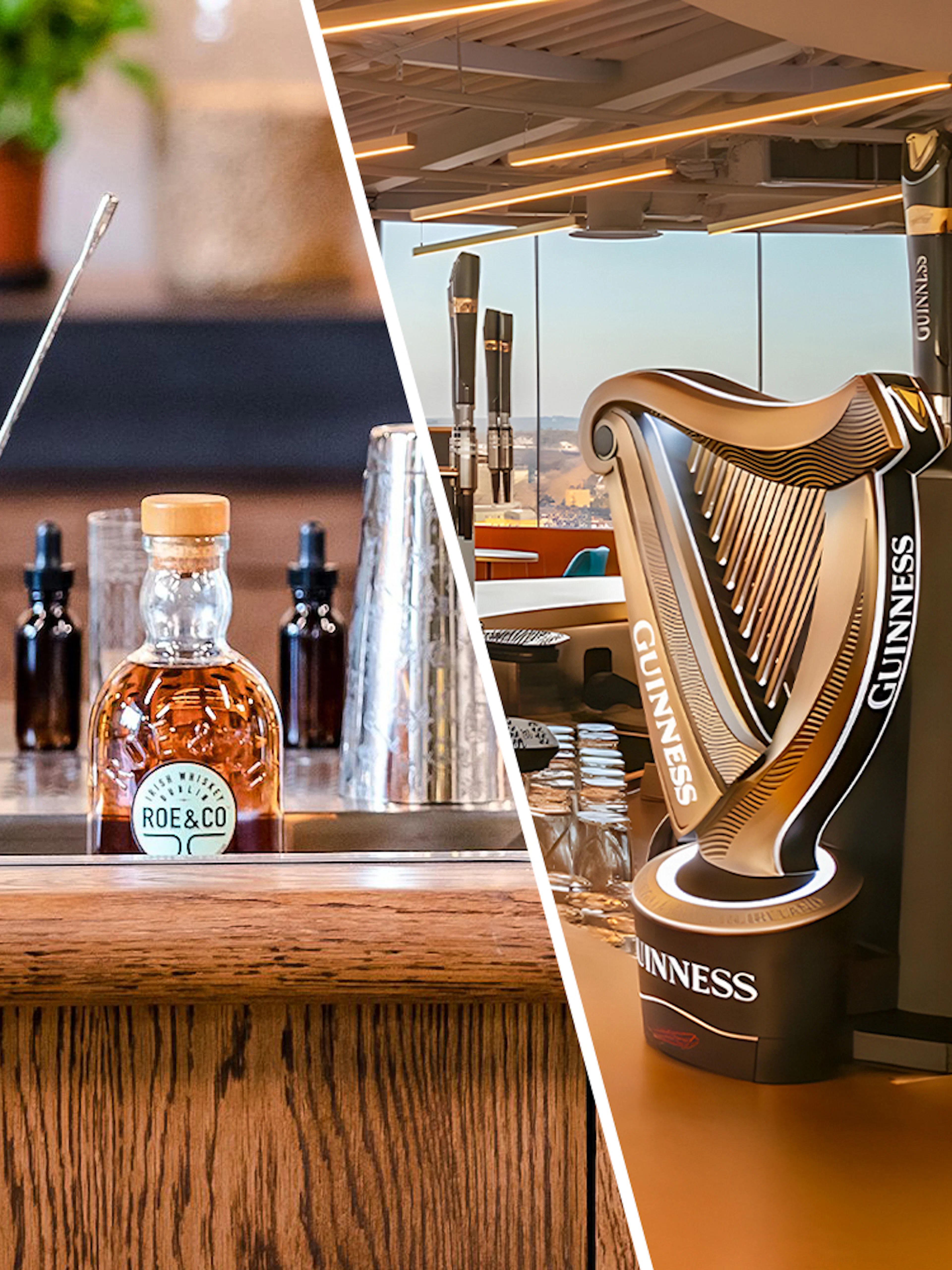 Roe & Co whiskey bottle and bar tools beside Guinness harp tap at distillery and storehouse.