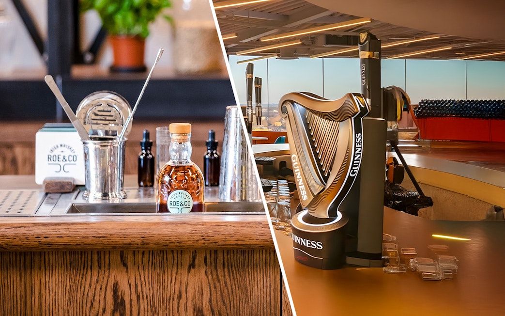 Roe & Co whiskey bottle and bar tools beside Guinness harp tap at distillery and storehouse.