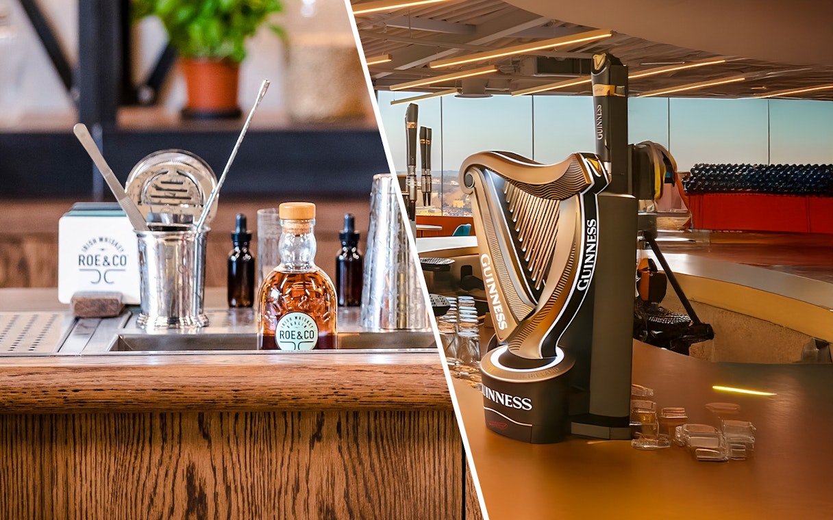 Roe & Co whiskey bottle and bar tools beside Guinness harp tap at distillery and storehouse.