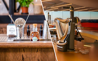 Roe & Co whiskey bottle and bar tools beside Guinness harp tap at distillery and storehouse.