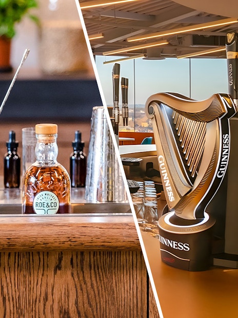 Roe & Co whiskey bottle and bar tools beside Guinness harp tap at distillery and storehouse.