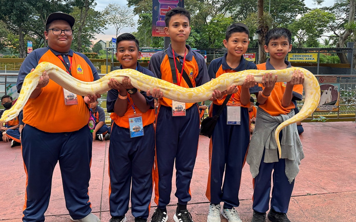 Children holding a large yellow python at 99 Wonderland Park.