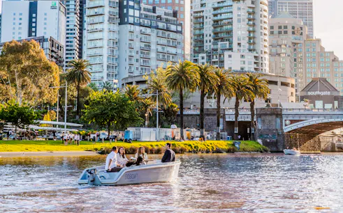 Self-drive boat on Yarra River with cityscape and palm trees in Melbourne.