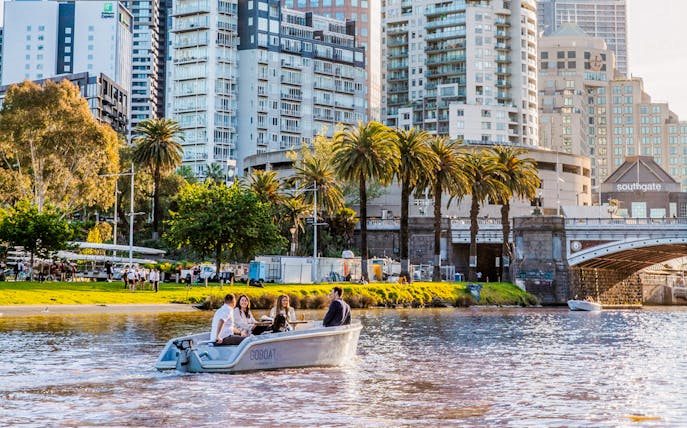 Self-drive boat on Yarra River with cityscape and palm trees in Melbourne.