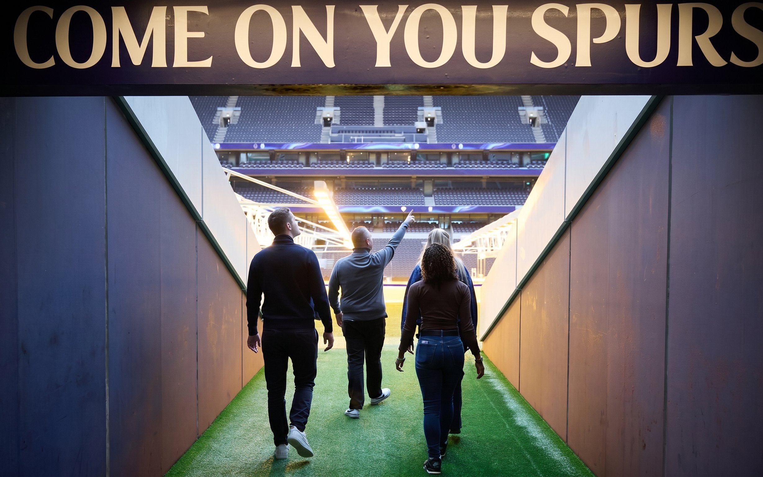 Visitors walking through the tunnel at Tottenham Hotspur Stadium.