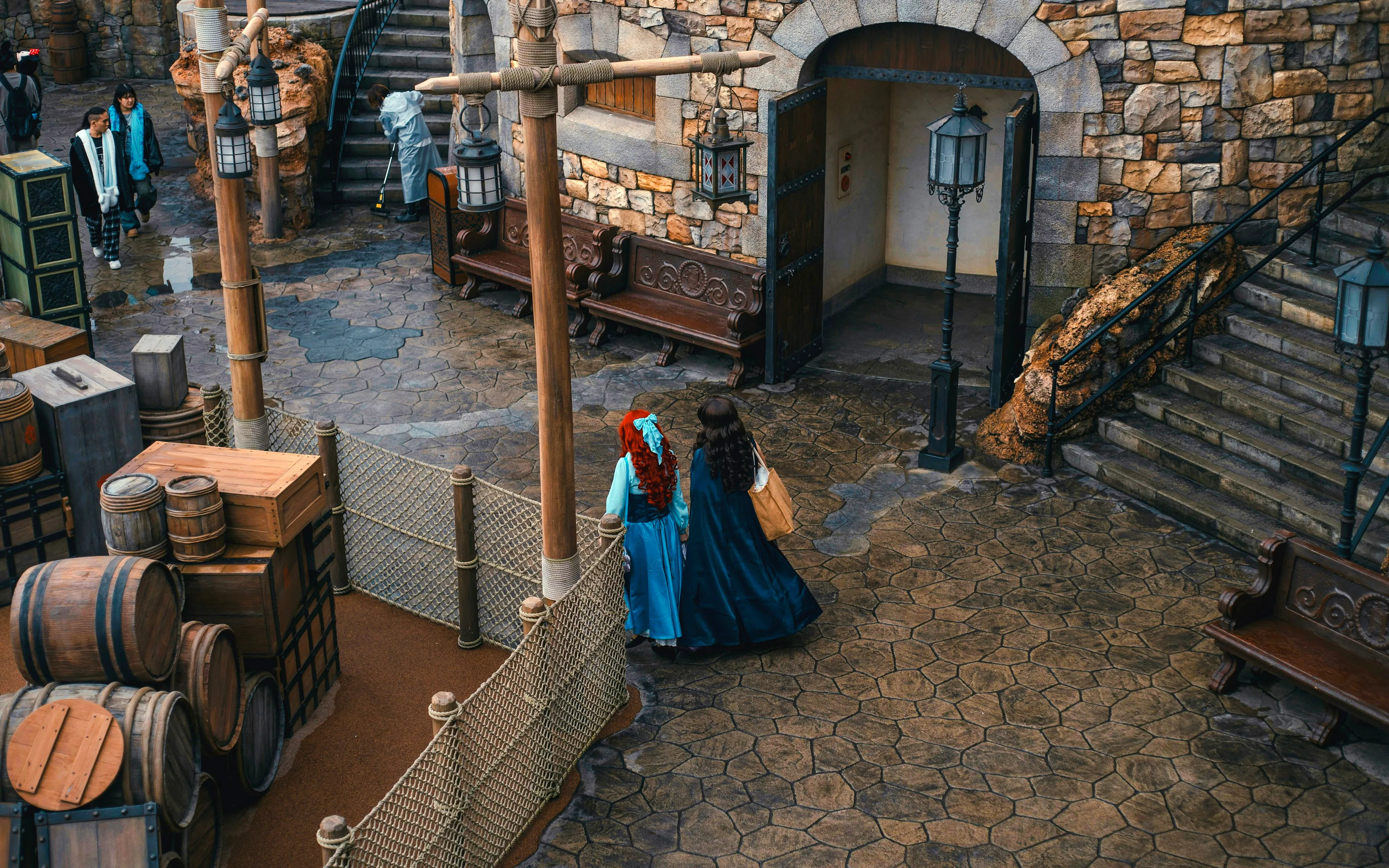 Fortress Explorations area with visitors at Mediterranean Harbor, Tokyo DisneySea.
