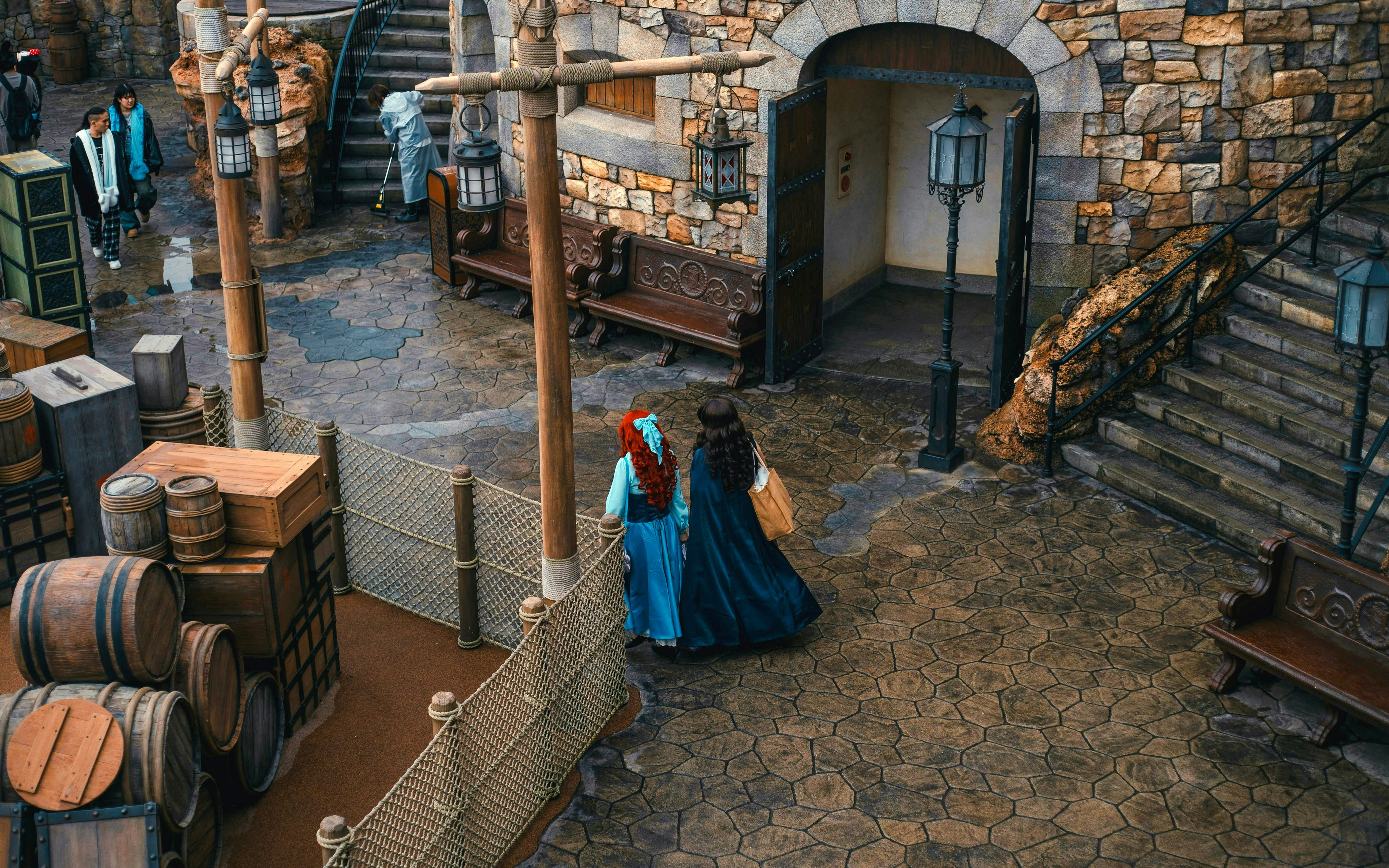 Fortress Explorations area with visitors at Mediterranean Harbor, Tokyo DisneySea.