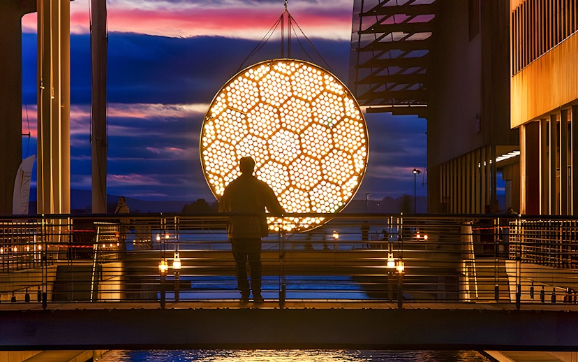 Silhouette of a person viewing illuminated art installation during Amsterdam Light Festival canal cruise.