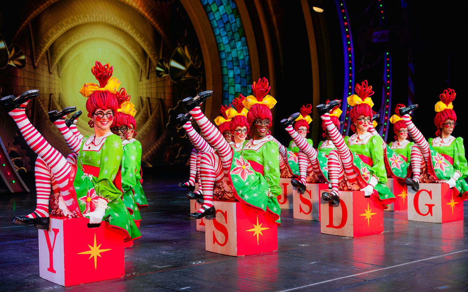 Radio City Rockettes performing in festive costumes at the Christmas Spectacular.