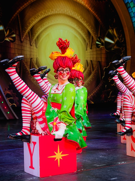Radio City Rockettes performing in festive costumes at the Christmas Spectacular.