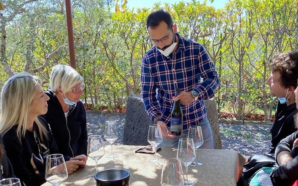 Wine tasting session in Catania with a guide presenting a bottle to a group.