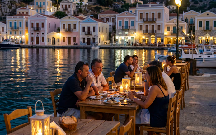Dinner by Symi Island harbor during Rhodes evening cruise.