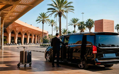 Private transfer service at Marrakech Airport with a driver opening a black van near palm trees.