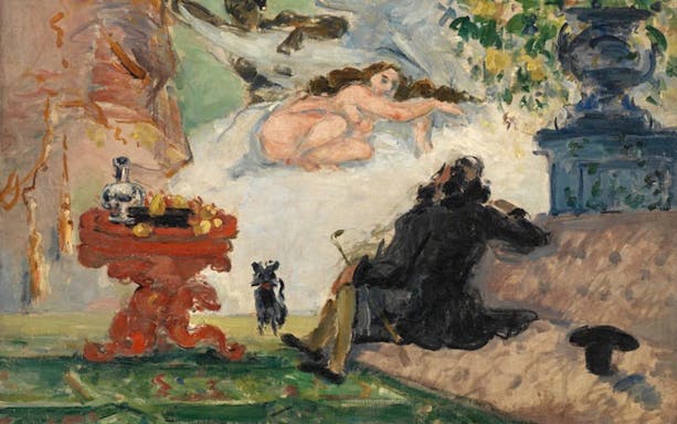 Manet painting at Orsay Museum, Paris, featuring a reclining nude and a seated man with a dog.
