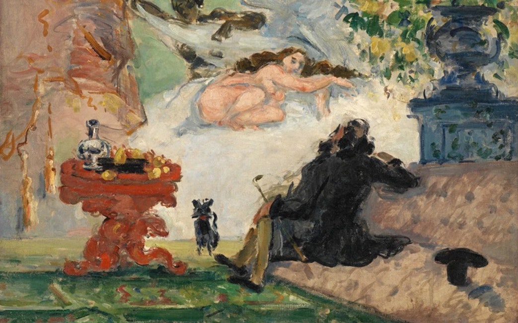 Monet's "Une Moderne Olympia" at Orsay Museum, Paris, featuring a reclining nude and observer.