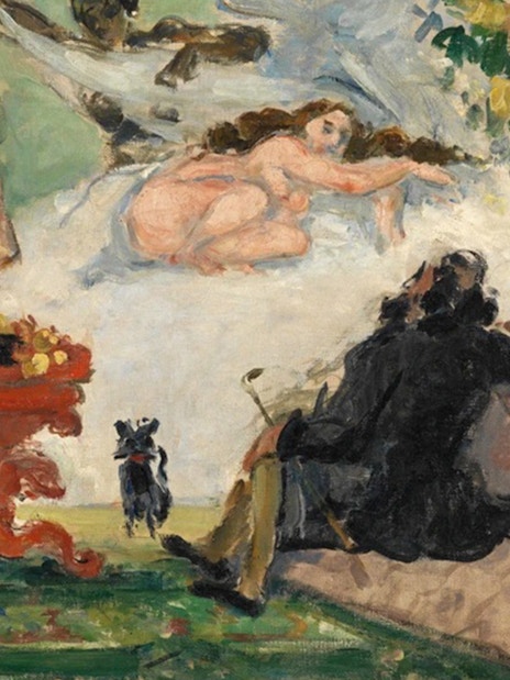 Monet's "Une Moderne Olympia" at Orsay Museum, Paris, featuring a reclining nude and observer.