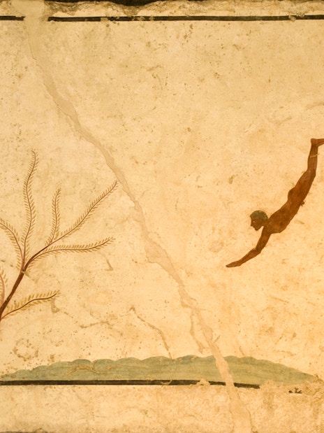 Man diving from a column in the Diver's Tomb painting, Paestum, Italy.