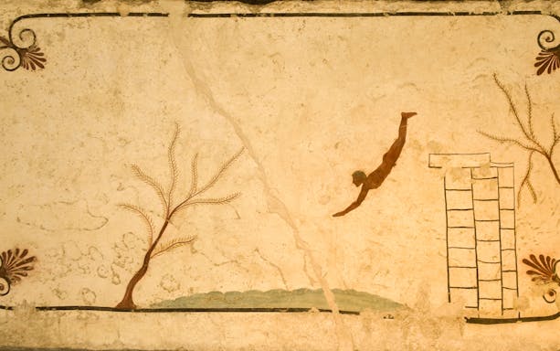 Man diving from a column in the Diver's Tomb painting, Paestum, Italy.
