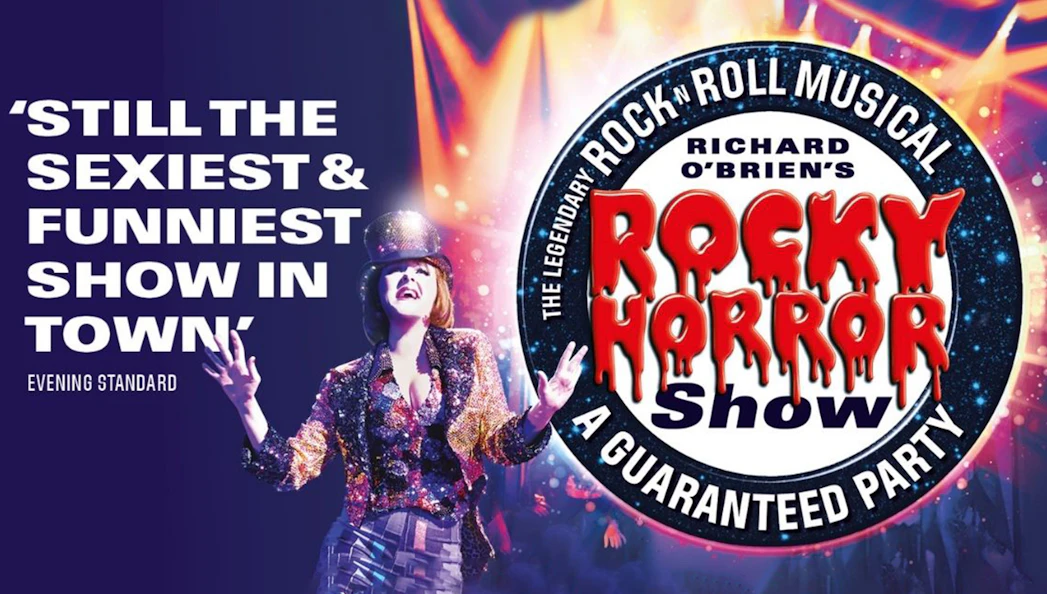 Rocky Horror Show poster with performer in sequined outfit, Hastings.