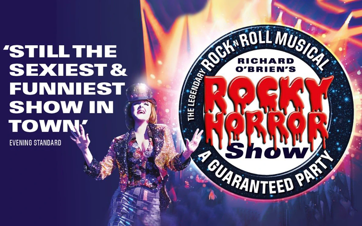 Rocky Horror Show poster with performer in sequined outfit, Hastings.