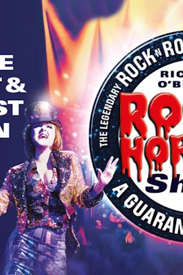 Rocky Horror Show poster with performer in sequined outfit, Hastings.