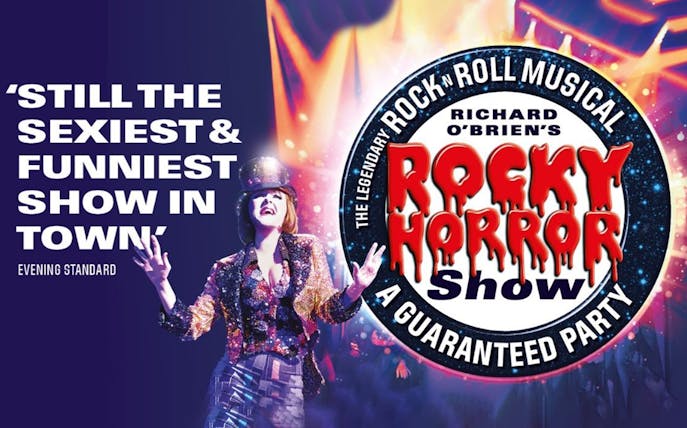 Rocky Horror Show poster with performer in sequined outfit, Hastings.