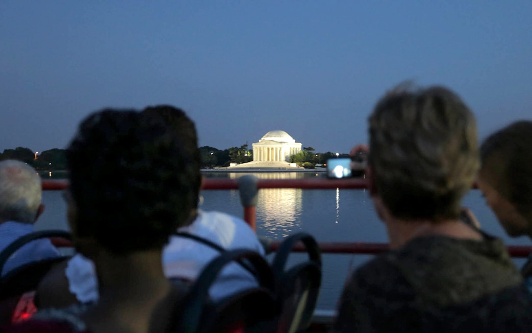 Night view of Jefferson Memorial from a Big Bus tour in Washington, D.C.