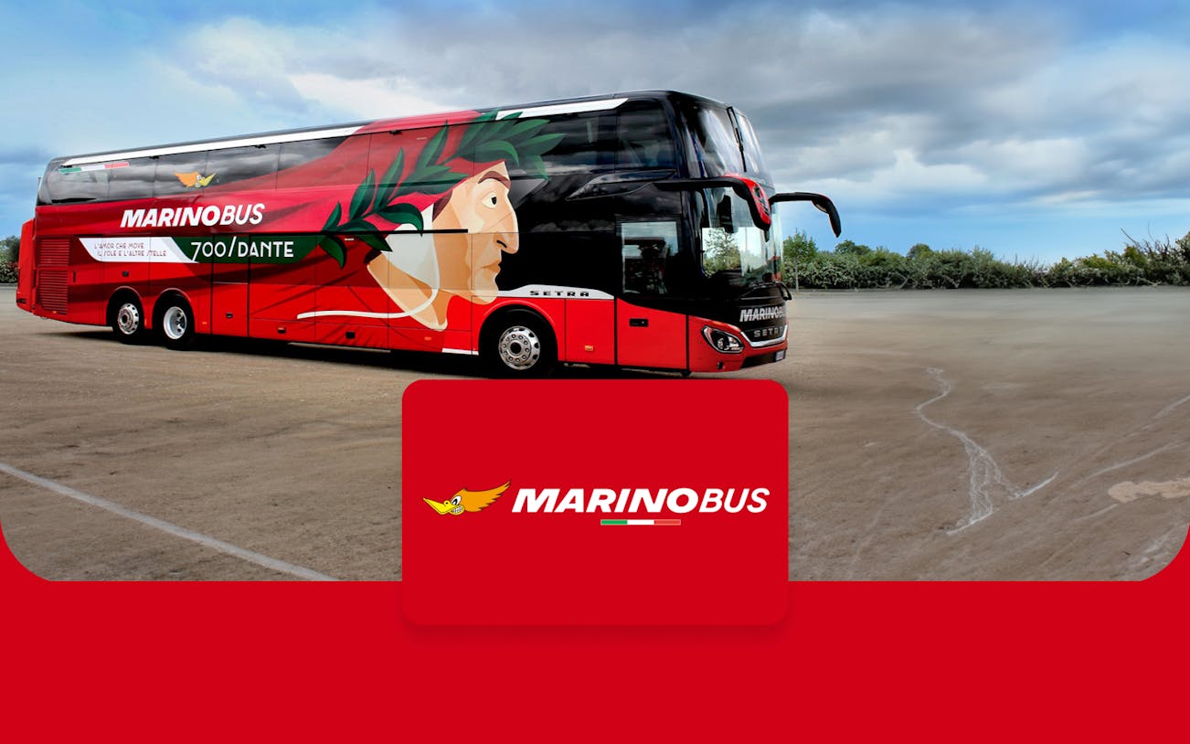 MarinoBus with Dante artwork parked, offering round-trip tickets from Naples Metropark to Rome Tiburtina.
