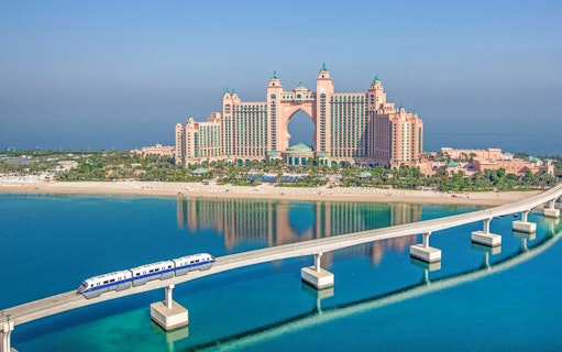 Palm Jumeirah Monorail passing Atlantis Hotel in Dubai.