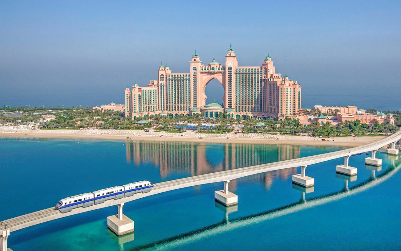 Palm Jumeirah Monorail passing Atlantis Hotel in Dubai.