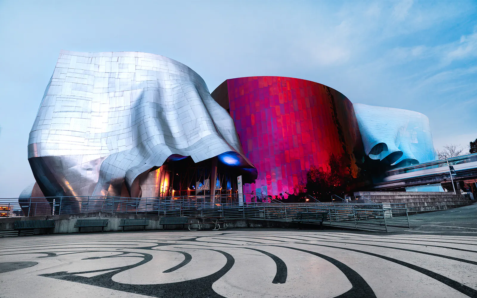 Exterior of Museum of Pop Culture in Seattle with colorful, curved architecture.
