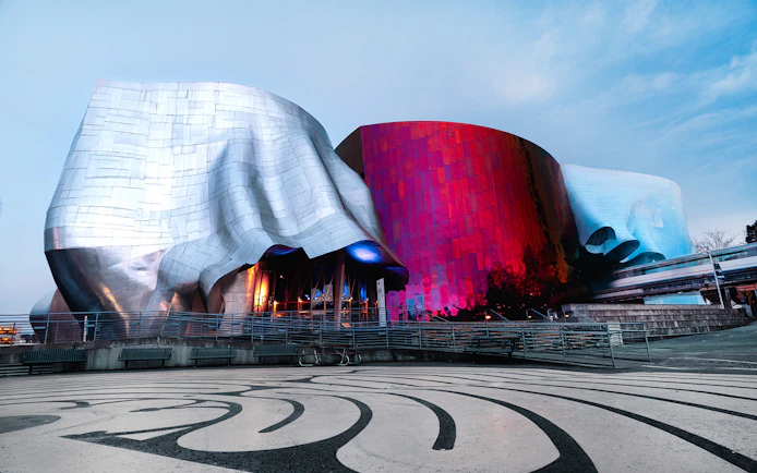 Exterior of Museum of Pop Culture in Seattle with colorful, curved architecture.