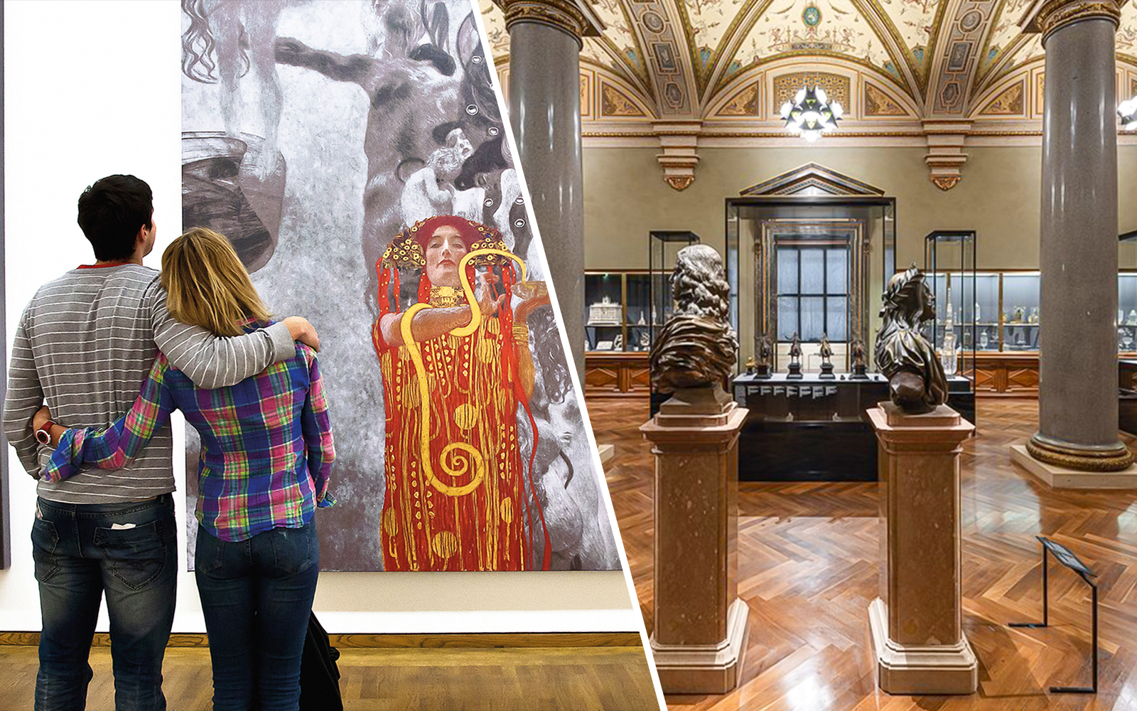 Couple admiring artwork at Leopold Museum and sculptures at Kunsthistorisches Museum, Vienna.