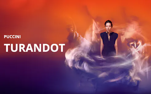 Turandot opera promotional image with a central figure and dynamic background.